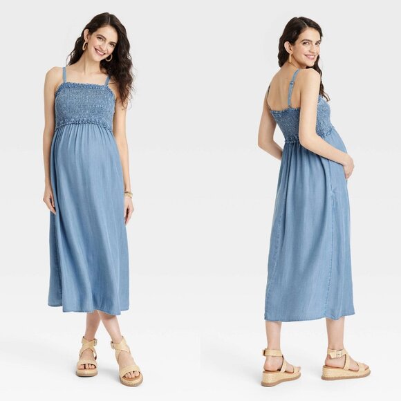 XS - Sleeveless Smocked Midi Maternity Dress - Isabel Maternity - Blue - Picture 1 of 5